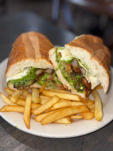 Shrimp Po Boy - Fried Shrimp, Lettuce, Tomato, Fresh Mozzarella with a Pesto Mayo