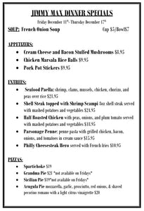 Jimmy Max Dinner Menu Specials