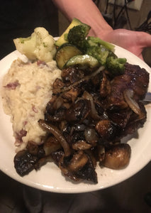 Grilled Skirt Steak Mushrooms Onions Mashed Potato and Vegetables