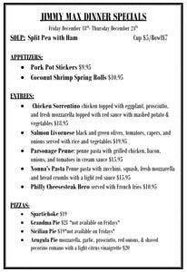 Jimmy Max Dinner Menu Specials