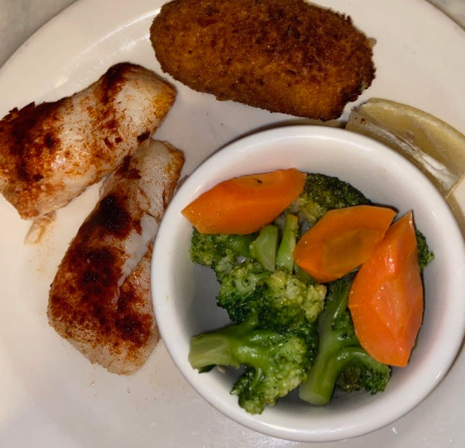 Broiled Cod Fish Entree side of Vegetables and Potato Croquette